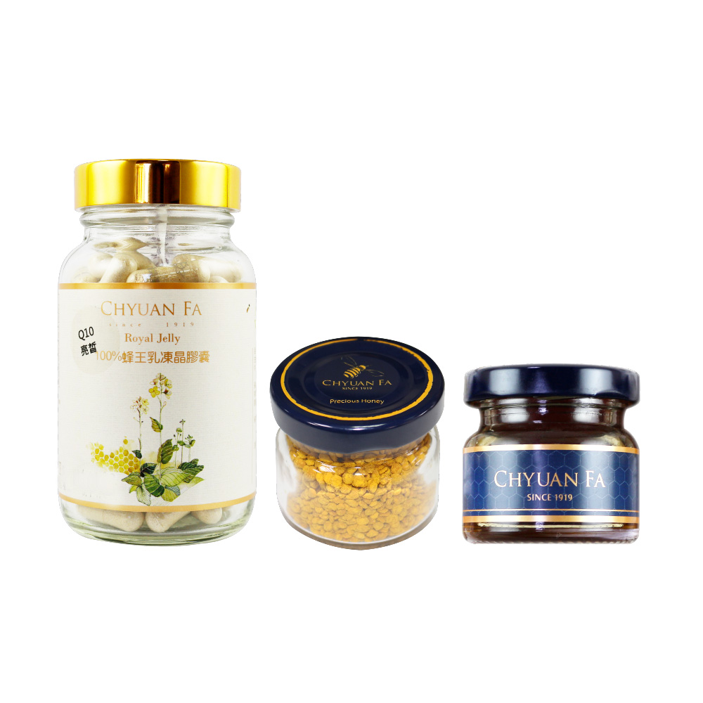 泉發蜂蜜百年老店|蜂王乳Q10亮皙膠囊100粒 + 蒲鹽花粉30g + 藍帶款迷你蜜50g|三款優惠組