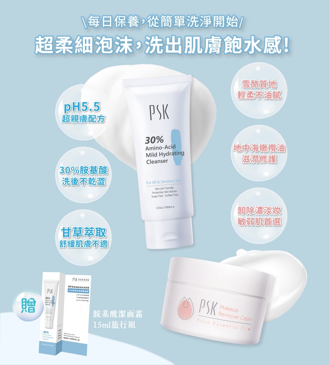 PSK深海美肌專家｜PSK深海美肌專家-溫和洗卸組｜30%胺基酸溫和潔面霜｜深層潔淨卸妝膏｜贈-胺基酸潔面霜15ml旅行組